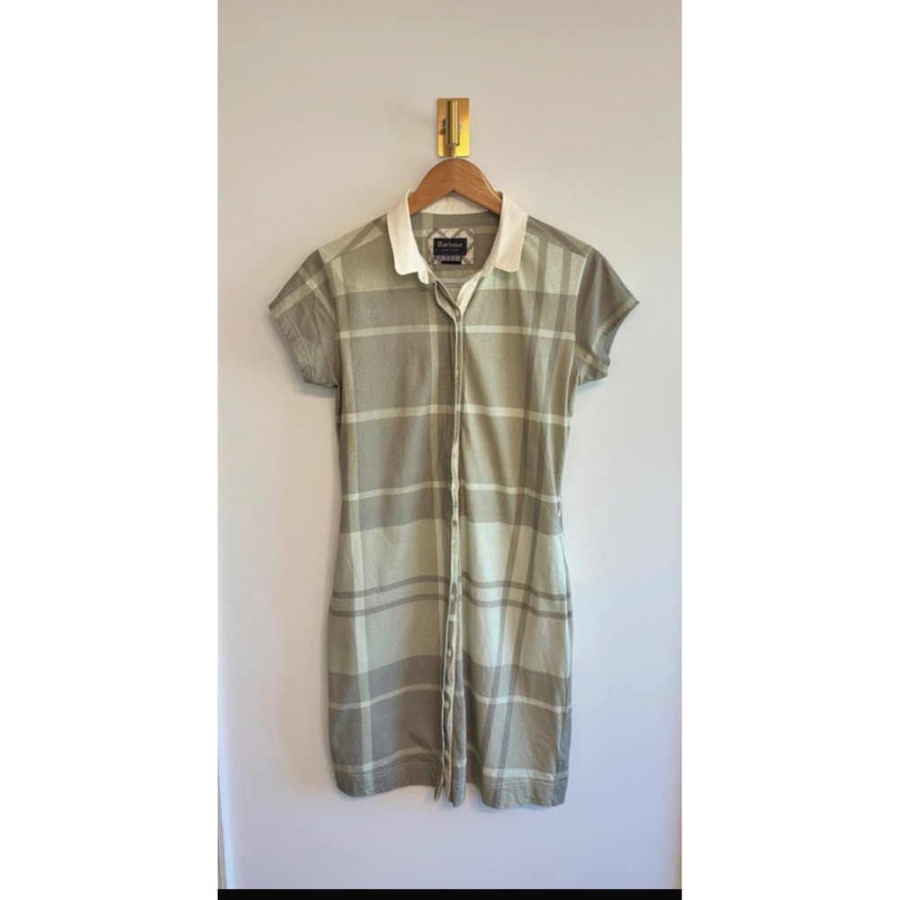 Barbour Tartan Plaid Belted Shirt Dress Green Beige Size 10 Cotton